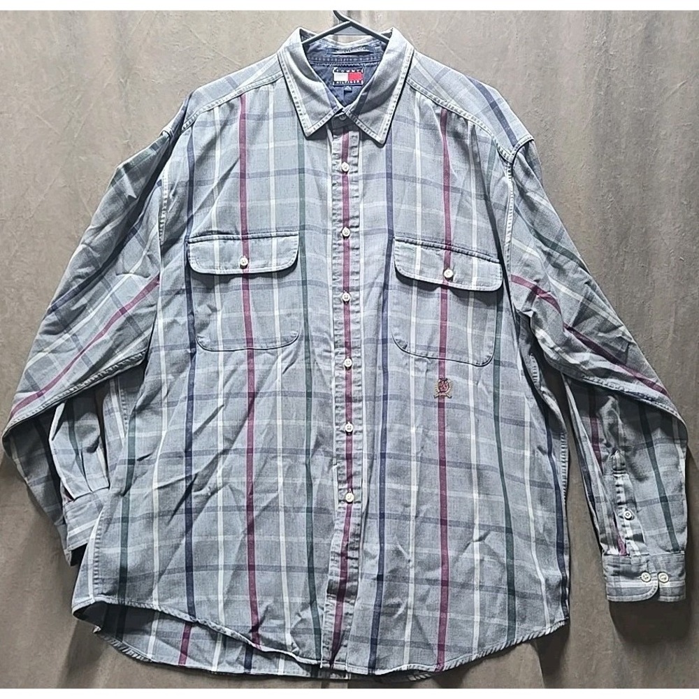 Tommy Hilfiger Shirt Men XL Adult Gray Casual Button Down Vintage Check 90s